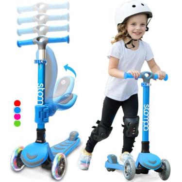 Imagem de Stompa Scooter infantil 2 em 1 com iluminação de 3 rodas com guidão ajustável de 4 níveis, assento dobrável, plataforma antiderrapante alargada para meninas e meninos de 3 a 8 anos de idade