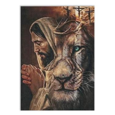 Imagem de Quadro Decorativo Jesus Cristo Leão De Judá Ilustração Sobreposta Decoração Quarto Sala