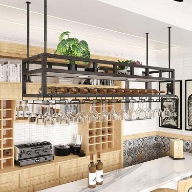 Imagem de Prateleiras flutuantes de vidro de vidro de teto Prações flutuantes do garrafa de vinho industrial, prateleira de teto de metal preto para cozinha de café, 80x30x27.5cm (31.5''x11.8''x10.8 '