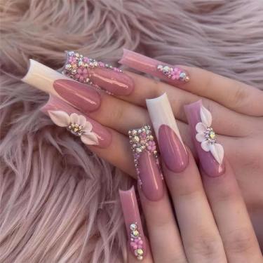 Imagem de RTKHFZE Unhas Postiças Longas Quadradas, Ponta Francesa, Rosa, Com Desenhos Florais, Cola, Glitter, Brilhante, Strass, Acrílico, Cobertura Total, Artificial Para Manicure Feminina, 24 Peças