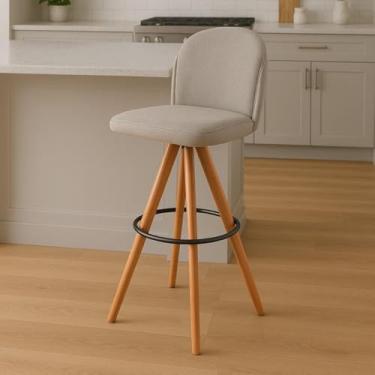 Imagem de Banqueta Giratória Estofada com Encosto e Base em Madeira Castanho – Ayala Exclusiva Linho Lincoln Bege