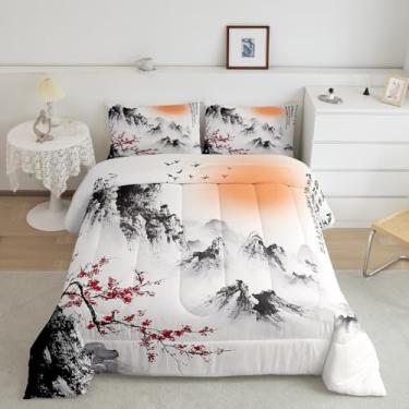 Imagem de Feelyou Conjunto de edredom solteiro com estampa de paisagem e ameixa vermelha para meninos e meninas, adolescentes, cultura tradicional oriental chinesa, conjunto de edredom com estampa de paisagem