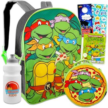 Imagem de Teenage Mutant Ninja Turtles Conjunto de mochila com lancheira – Pacote com mochila TMNT de 38 cm, lancheira, garrafa de água, adesivos, mais | Mochila TMNT para meninos