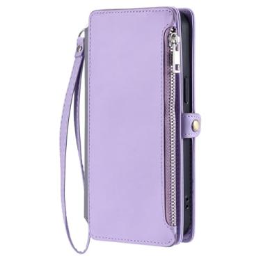 Imagem de HAO RIYLN Capa carteira para iPhone 16 Pro Max/16 Pro/16 Plus/16, capa de proteção de telefone de couro com zíper com alça de pulso capa à prova de choque completa, roxa, 16