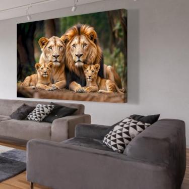 Imagem de Quadro Decorativo Retrato Leão e Sua Família com dois filhotes - MeMol