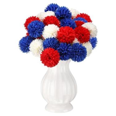 Imagem de XunYee 24 peças de flores artificiais patrióticas memorial crisântemos bola flores vermelhas brancas azuis falsas hortênsias para 4 de julho mesa de centro de mesa de casa decoração de vaso