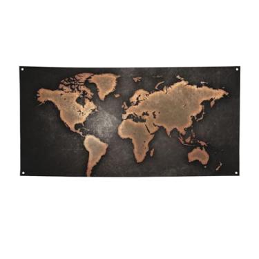 Imagem de Faixa de impressão de mapa-múndi de ferrugem banner de festa personalizado banner de fotografia com 4 furos para festa, casa, casamento, escritório, como decoração de exibição ou cenários