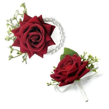 Imagem de Conjunto de 2 Corsage e Boutonniere de pulso rosa vermelha para homens e mulheres – Flores artificiais com pulseira de pérola e broche de lapela para noiva, noivo, damas de honra, padrinhos