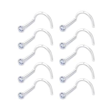 Imagem de DGhera Brincos de nariz: 10 peças 20G 316L aço cirúrgico piercing de nariz hipoalergênico saca-rolhas piercing de nariz joia de zircônia cúbica para mulheres e homens, 20Gauge(0.8mm), Aço inoxidável