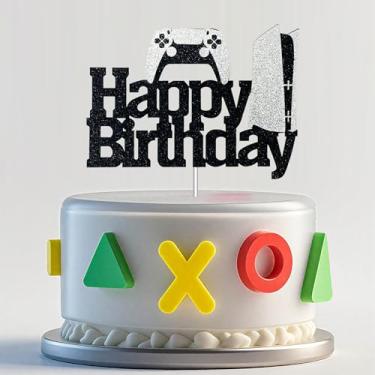 Imagem de HAKPUOTR Topo de bolo de videogame – Controladores de jogos, decorações de bolo de feliz aniversário – Topo de bolo para jogos com glitter para meninos (Controlador PS5)
