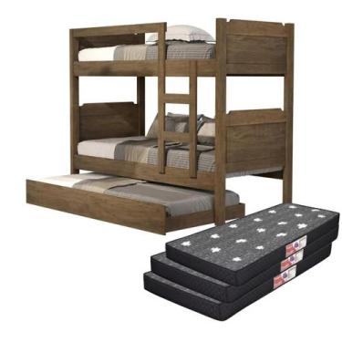 Imagem de Conjunto Quarto Com Beliche Escada Protetor Lateral Cama Auxiliar MDF 