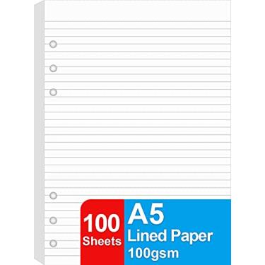 Imagem de Refil de papel A5, refil de papel com 100 folhas/200 páginas para fichários de couro grandes/filofax, 6 furos, papel pautado branco de 100 g/m², 14 cm x 21 cm