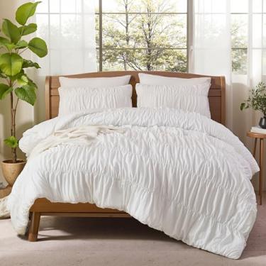 Imagem de Bedbay Conjunto de edredom boêmio, tamanho king, branco franzido, 100% algodão, durável, fofo, 3 peças, vintage, com babados, branco, 1 edredom e 2 fronhas