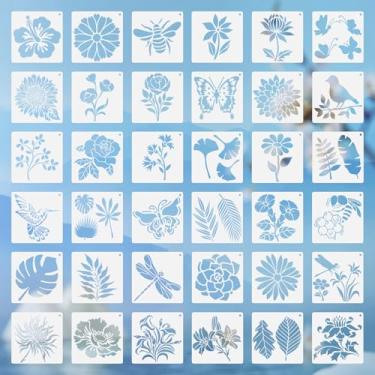 Imagem de EXCEART 36 folhas de estênceis de flores para pintura em madeira, borboletas de girassol modelos de folha de pássaro para pintura, estênceis de plástico reutilizáveis para pintura (12,5 x 12,5 cm)