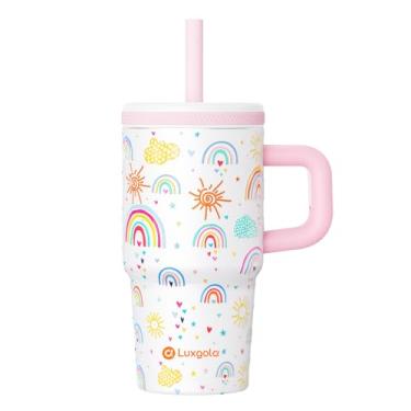 Imagem de Luxgola Copo infantil de 590 ml com alça, tampa rosqueada à prova de vazamento com canudo de silicone removível, à prova de derramamento, garrafa de água isolada de aço inoxidável reutilizável,