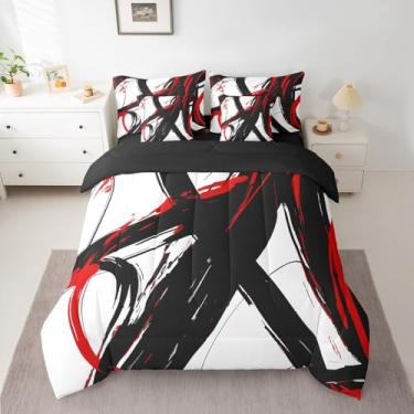 Imagem de Feelyou Conjunto de cama casal de 7 peças de arte abstrata, vermelho, preto, moderno, geométrico, para meninos, meninas, adolescentes, minimalista, linha de tinta, conjunto de edredom com lençóis de