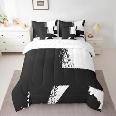 Imagem de Feelyou Conjunto de cama infantil abstrato de 7 peças, solteiro, branco, preto profundo em uma bolsa, conjunto de edredom de arte moderna com conjunto de lençóis, fronhas e fronhas de microfibra macia