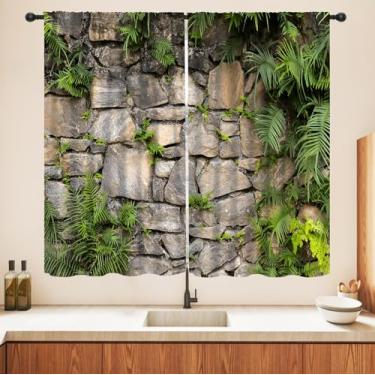 Imagem de Cortina blackout de parede de tijolo de pedra retrô, pedras do campo, parede de tijolos marrons, folhas verdes, cortinas de tratamentos de janela para cozinha, sala de estar, decoração de quarto, 53