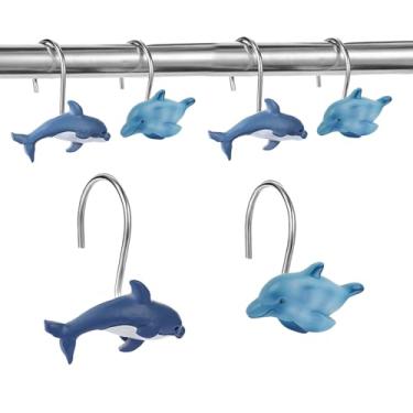 Imagem de 12 ganchos de cortina de chuveiro golfinhos fofos ganchos de cortina de chuveiro anéis de cortina de chuveiro à prova de ferrugem tema de praia decoração de banheiro para banheiro, quarto, bebê, sala