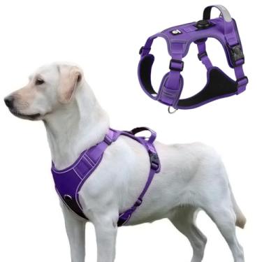 Imagem de Peitoral roxo para cães grandes, sem puxão, com alça para AirTag, colete refletivo tático para animais de estimação para raças médias e grandes, arnês Freedom Easy Walk com clipe frontal, GG