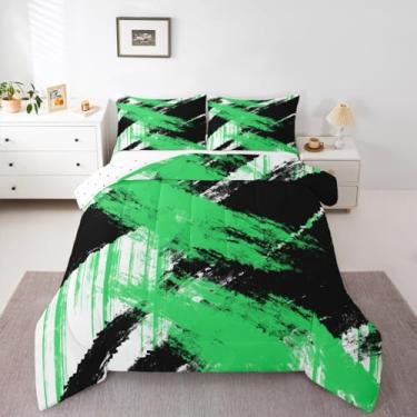 Imagem de jejeloiu Conjunto de edredom de arte abstrata, tamanho Queen, moderno, geométrico, para meninos, meninas, adolescentes, branco, preto e verde, decoração de quarto