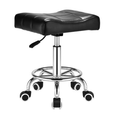 Imagem de Bancos quadrados com rodas – almofada de assento acolchoada macia, capacidade de peso de 113 kg com apoio para os pés, banco giratório ajustável de 360° para barbeiro, casa, escritório, tatuagem