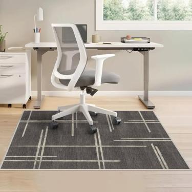 Imagem de Tapete de cadeira de escritório para piso e carpete de madeira e azulejo, tapete de cadeira de mesa de 119 x 89 cm com design de linha geométrica cinza moderna, tapete antiderrapante para cadeira de