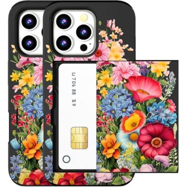 Imagem de MUQR Capa compatível com iPhone 16 Pro Max com suporte de cartão fofo - Design Kawaii, proteção contra quedas de nível militar, capa carteira robusta para mulheres (flor de jardim preta e vermelha)