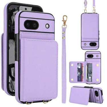 Imagem de Capa carteira de couro PU para celular Google Pixel 8A, 4 compartimentos para cartão e 2 compartimentos para dinheiro, bloqueio RFID, alça destacável, capa com suporte antiarranhões e à prova de