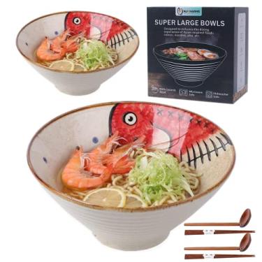 Imagem de Tigela de cerâmica para sopa de macarrão japonês ramen, 2 conjuntos (6 peças) 1,8 L, com colher e pauzinhos combinando para macarrão asiático Udon Soba Pho, vermelho