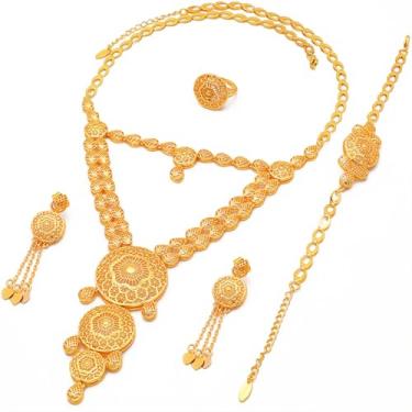Imagem de Conjuntos de joias de ouro Dubai para mulheres, luxuosos, 4 peças, design longo, banhado a ouro 24K, conjuntos de bijuterias para presentes de aniversário de casamento, dia dos namorados (S-528