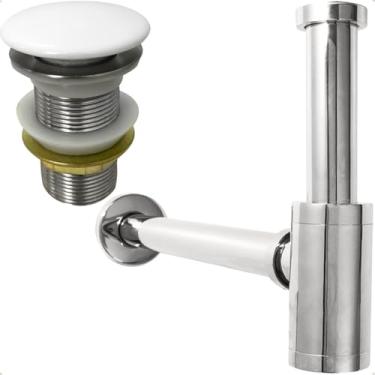 Imagem de Dona D Cor, Sifão Copo Cromado Metal e Valvula Click 1 1/4 Inox Tampa Cerâmica Kit Banheiro Ralo de Pia 40mm Sifão Quadrado De Parede Luxo