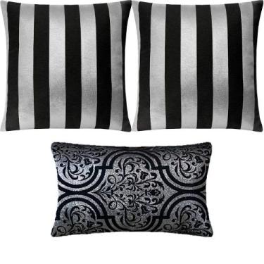 Imagem de Kit 3 Almofadas Luxo Listrado e Arabesco Preto e Prata - Sua Casa Deco