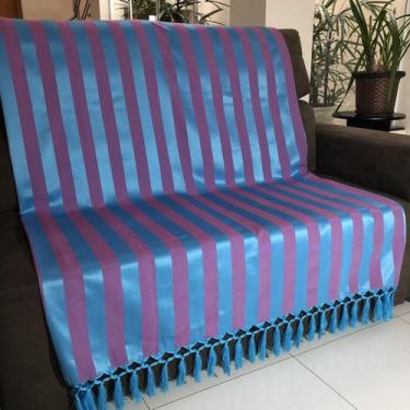 Imagem de Manta Para Sofá em Tecido Jacquard Listrado Azul com Rosa 190x140cm - 