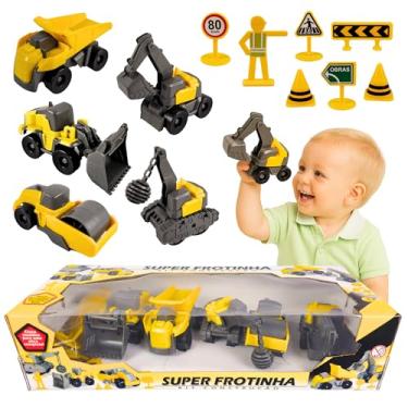 Imagem de Carrinhos de Miniatura Kit Construção Trator Escavadeiras 5 Carros de Brinquedo Infantil Menino