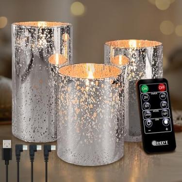 Imagem de LEDHOLYT Vela recarregável sem chama, vela falsa de vidro LED cintilante com controle remoto e temporizador, bateria incorporada, vela eletrônica de cera real para decoração de quarto, conjunto de 3