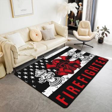 Imagem de Tapete de área temática de combate a incêndios, padrão de capacete de hidrante de bombeiro tapete de sala de estar, tapete retrô bandeira americana preto branco geometria estrelas listras destaque tapete para cabeceira sala de estar 3x5