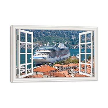 Imagem de Impressão em tela emoldurada de madeira para janela costeira cidade barco 3D falsa janela vista paisagem paisagem imagem impressão em tela arte de parede para sala de estar 40 x 60 cm moldura