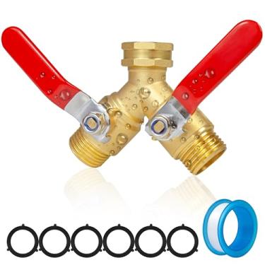 Imagem de Divisor de mangueira resistente de 2 vias, conector divisor de mangueira de jardim de latão de fluxo total, divisor de torneira de água ao ar livre com alça longa, válvula Y rosca GHT de 3/4 polegadas