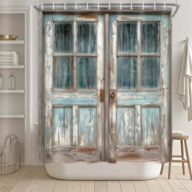 Imagem de Drgilau Cortina de chuveiro rústica para porta de celeiro, cortina de chuveiro de porta de madeira para casa de fazenda, cortinas de banho vintage para cabana ocidental, à prova d'água, portas de