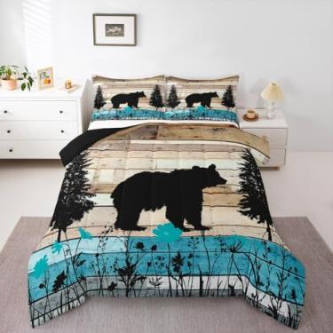 Imagem de jejeloiu Jogo de cama infantil king size com urso, casa de fazenda, animais do oeste, para meninos e meninas, rústica, tábua, madeira, árvore, flores, edredom para decoração de quarto