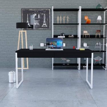 Imagem de Mesa Diretor 150x60x75cm Com 2 Gavetas Kuadra Preto Ônix Estrutura Branca