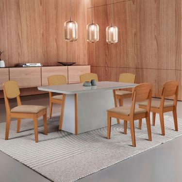 Imagem de Mesa Jantar Diane 180cm Tampo Mdf Vidro 6 Cadeiras Copper Prem Moderna Turim 07 Naturale Serigrafia Off White