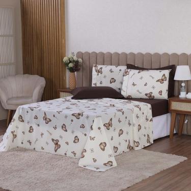 Imagem de Jogo De Lençol Beatriz Solteiro 3 Peças Percal 180 Fios 100% Algodão Ponto Palito - Marrom Borboleta