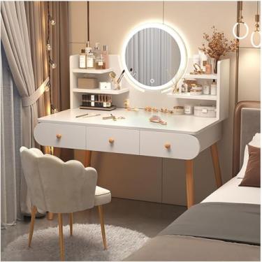 Imagem de Conjunto De Vaidade Com Espelho Iluminado Mesa De Maquiagem Com Prateleira De Armazenamento E Gavetas Mesa De Vaidade Com Cadeira Confortável 3 Modos De Iluminação De Cores B, White, 100cm
