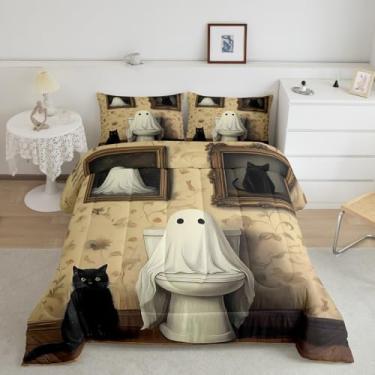 Imagem de Manfei Conjunto de edredom infantil vintage com tema de Halloween para adolescentes, jovens, crianças, estilo fazenda, gato preto, reversível, conjunto de colcha com estampa de flores rústicas, 2