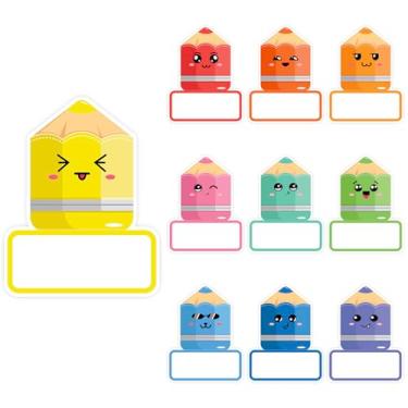 Imagem de FYSUIMU 120 peças de adesivos de nome de lápis de cor com rosto fofo, placas de identificação de lápis de desenho animado de volta às aulas para o primeiro dia de escola, estudantes, mesa de aula