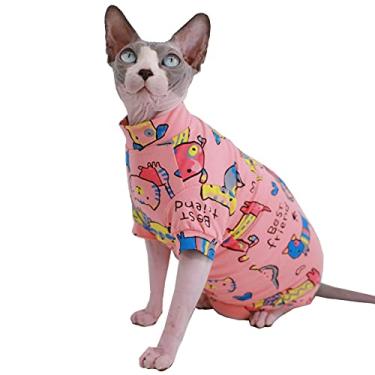 Imagem de Sphynx Camisetas fofas de algodão para o verão para animais de estimação, gola redonda, roupas para gatos (G (3,5 a 4,5 kg), gato rosa)