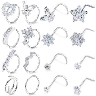 Imagem de Lsnevsie Anéis de nariz de 20 g para mulheres de aço inoxidável 316L em forma de L saca-rolhas diamante zircônia cúbica piercing de narina joias para mulheres homens prata ouro hipoalergênico, Metal
