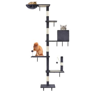 Imagem de Árvore de gato alta, torre de gatos do chão ao teto, prateleiras de parede para gatos de vários níveis, poste de arranhar montado na parede, com rede de condomínio para escalar, arranhar e brincar